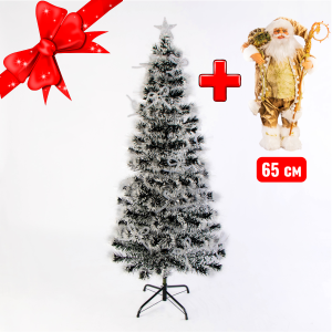 Новогодняя заснеженная ель со светодиодными бантами и оптоволокном Devouring Cold 180 см + Подарок Санта 65 см
