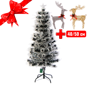 Новогодняя заснеженная ель со светодиодными бантами и оптоволокном Devouring Cold 120 см +2 декоративных оленя 40/50 см на выбор