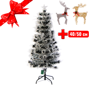 Новогодняя заснеженная ель со светодиодными бантами и оптоволокном Devouring Cold 150 см +2 декоративных оленя 40/50 см на выбор