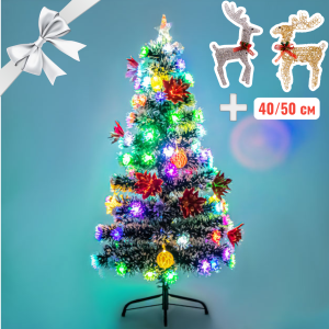 Заснеженная ель с игрушками Fjord 120 см +2 декоративных оленя 40/50 см на выбор