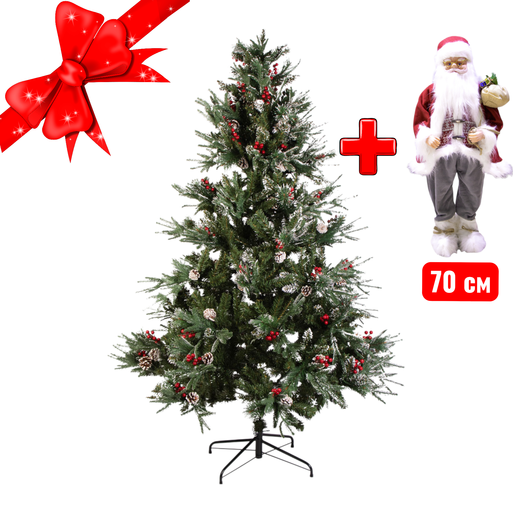 Новогодняя ель покрытая снегом и шишками Woodland Whisp 175 см +Подарок Санта 70 см — изображение 2