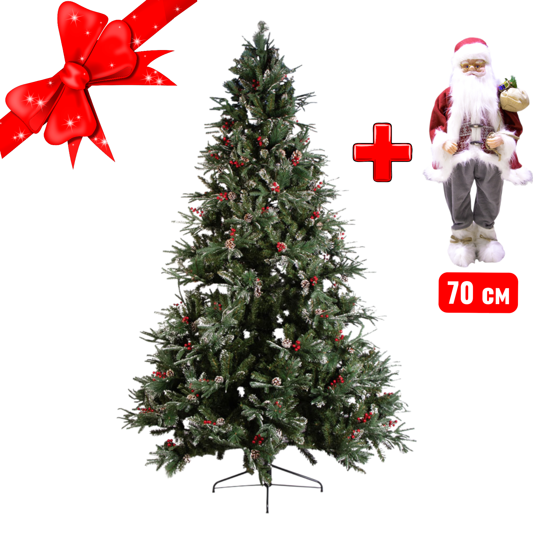 Новогодняя ель покрытая снегом и шишками Woodland Whisp 225 см +Подарок Санта 70 см — изображение 2
