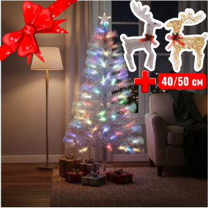 Белая ель с оптоволоконной подсветкой Crystal Light 120 см +2 декоративных оленя 40/50 см на выбор