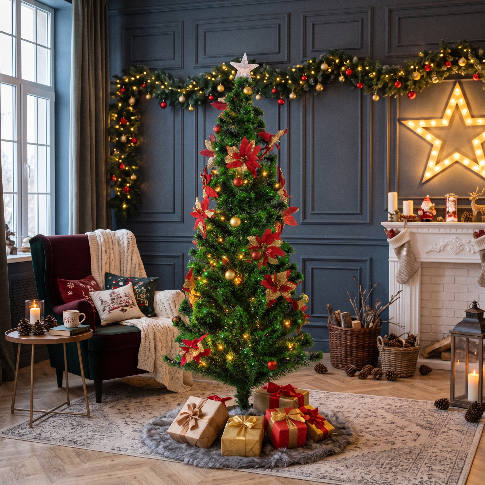 Светодиодная ель с цветами Poinsettia Red 180 см